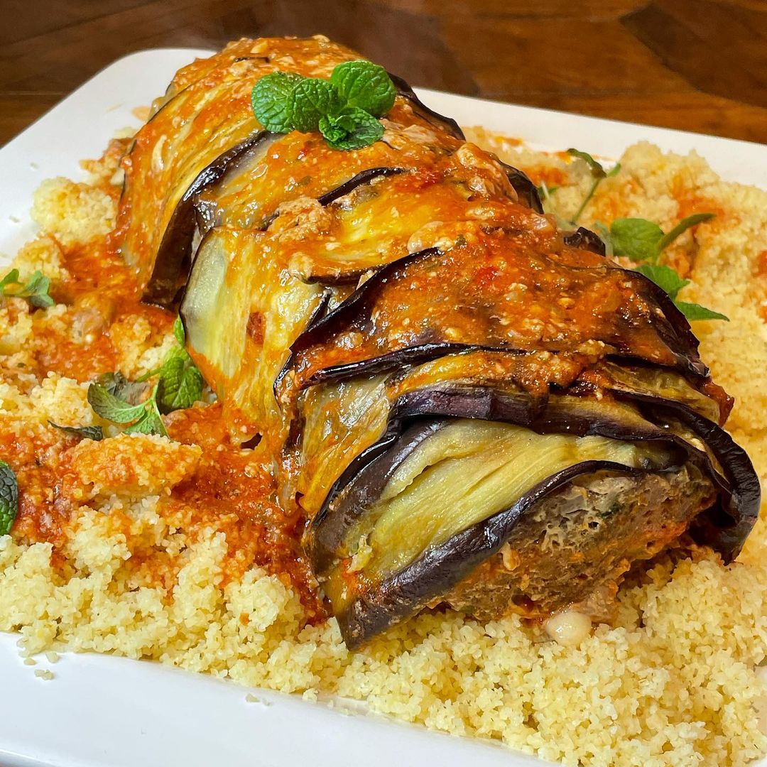 Meatloaf wrapped in Eggplant and stuffed with Haloumi Tonight I