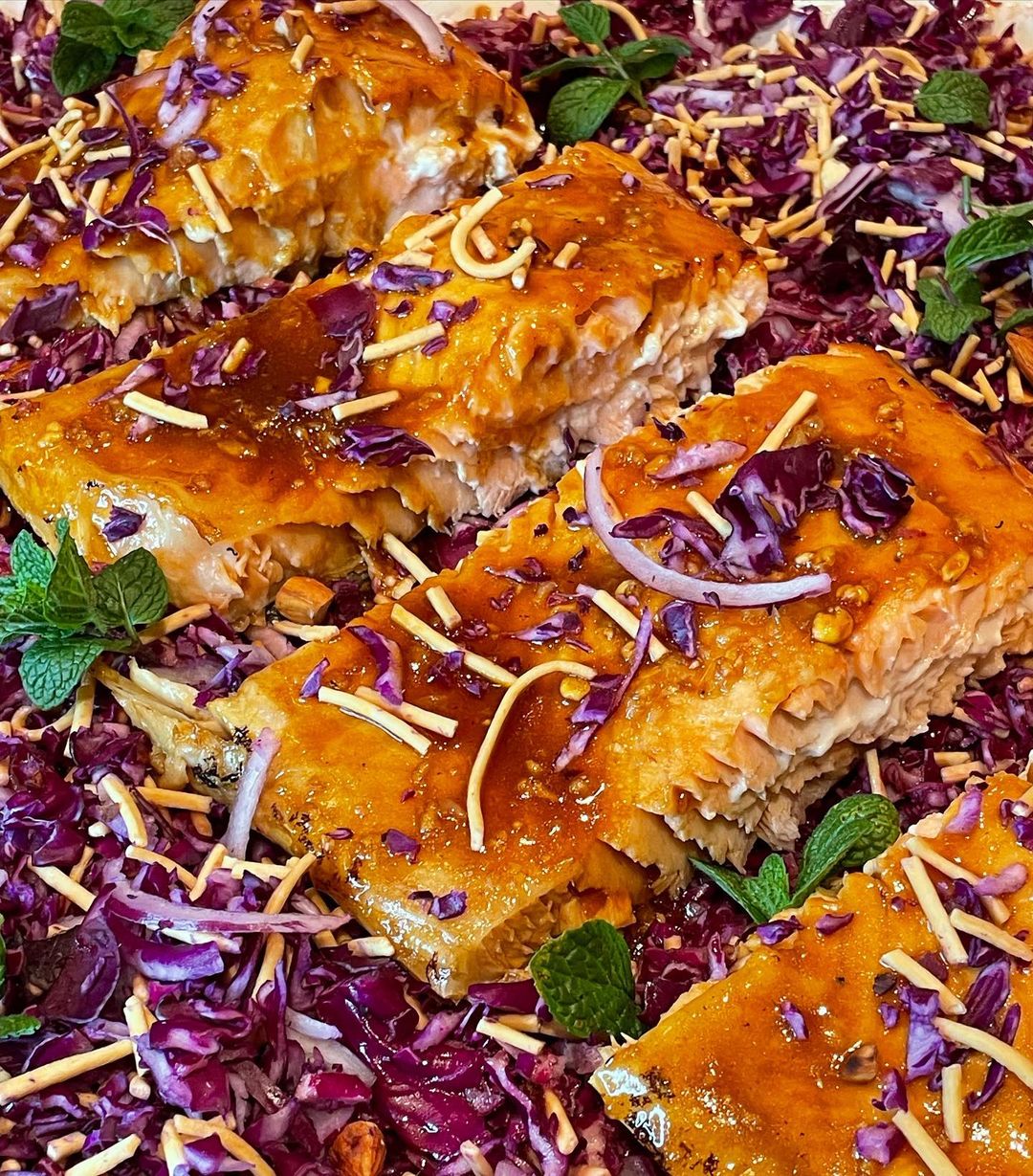 Teriyaki Salmon with red cabbage noodle salad Tonights dinner in