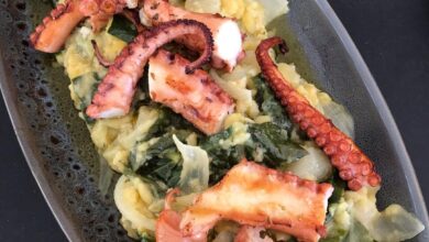 CHARGRILLED OCTOPUS with BROAD BEAN SPINACH MASH This is
