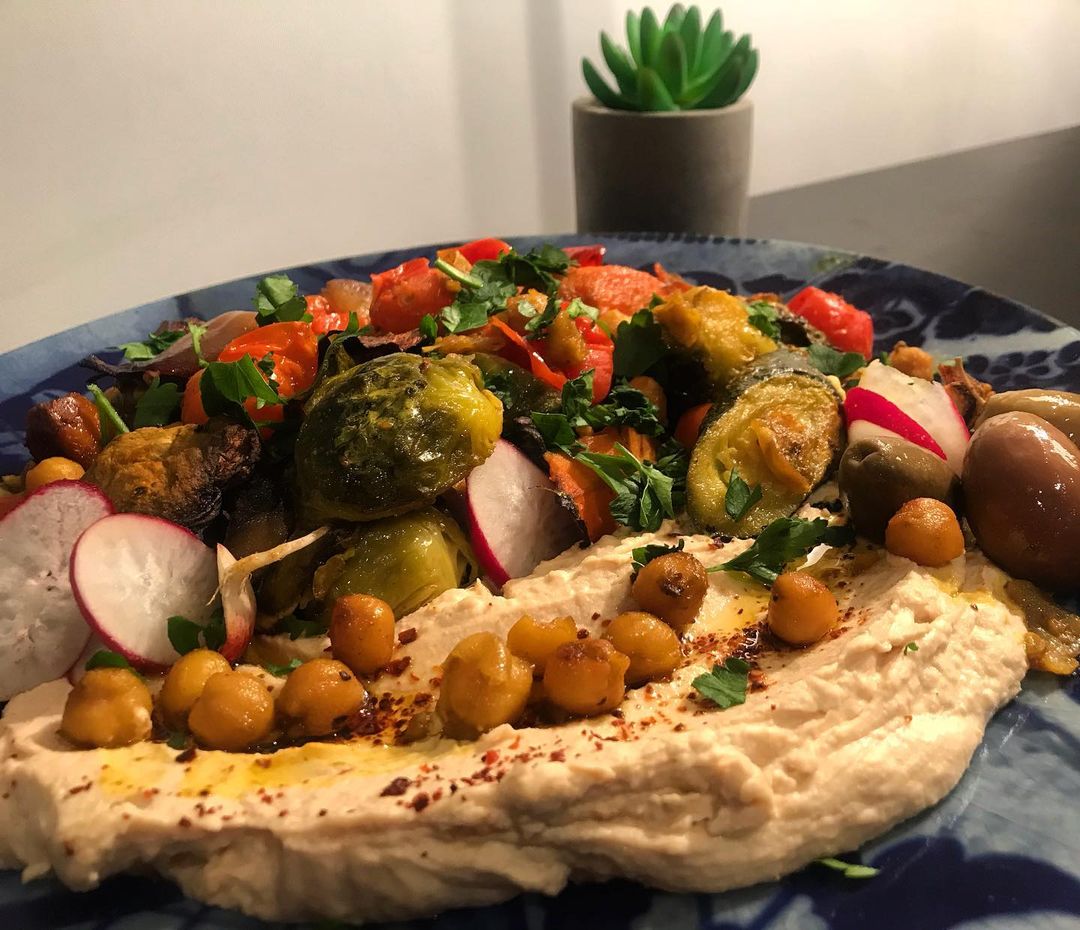 Garlic Roasted Vegetables and homemade Hummus at our place tonight