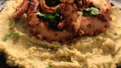 Char grilled octopus with my favourite Greek split pea dip